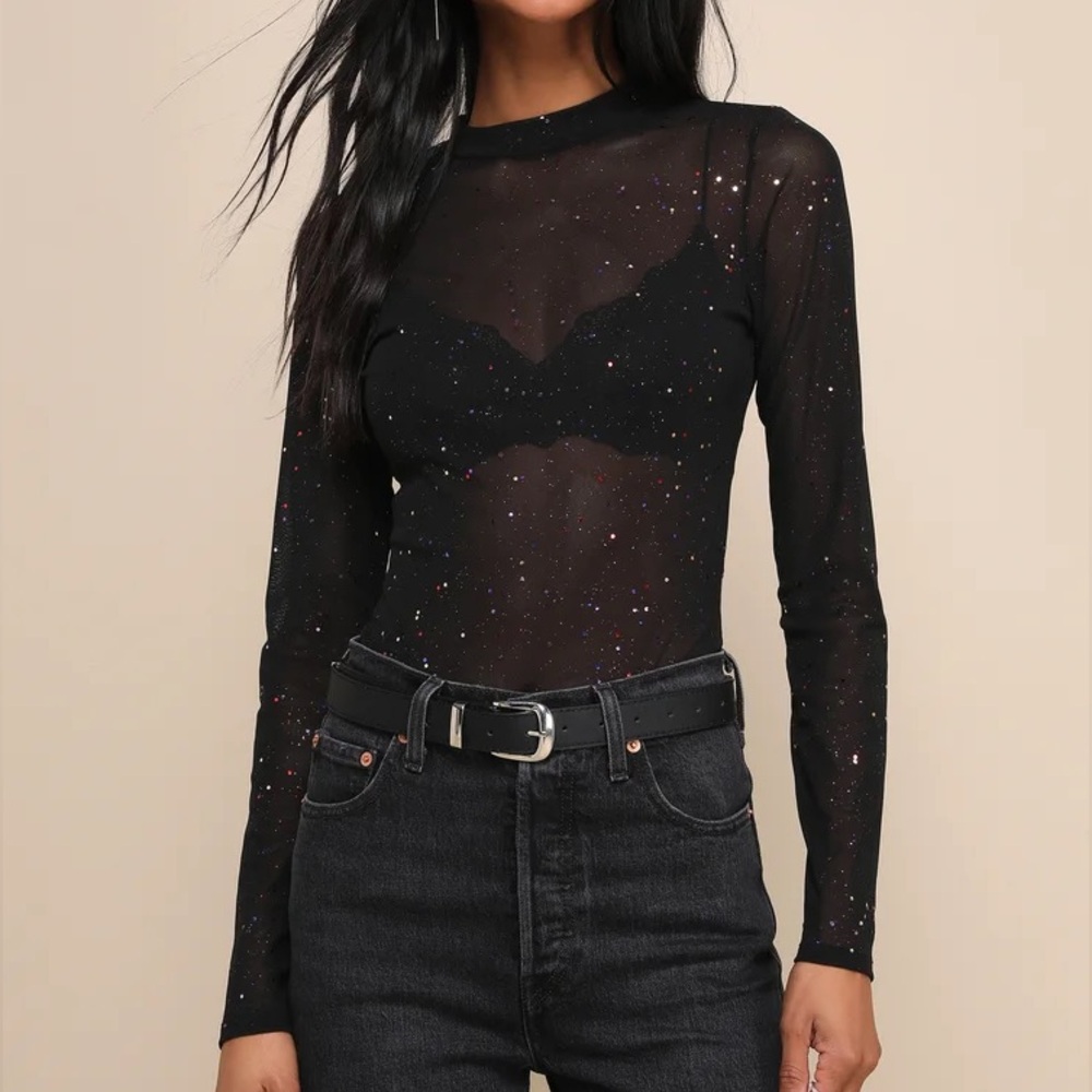 Lulus Black Sheer Long Sleeve Body Suit with Colorful Sparkles